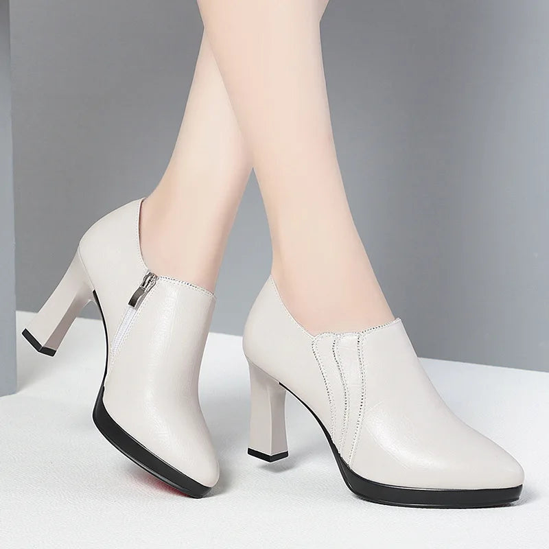 Comfortable Pointed Toe Deep Mouth Soft Leather Shoes Women's Pumps 2024 Fall Block High Heels For Office Model Mom Elegant